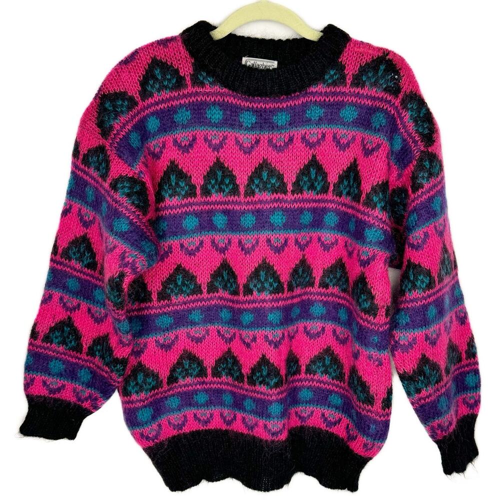 Gallagher Vintage Geometric 90s Mohair Crew Neck Knit Eclectic Sweater Sz Large‎
